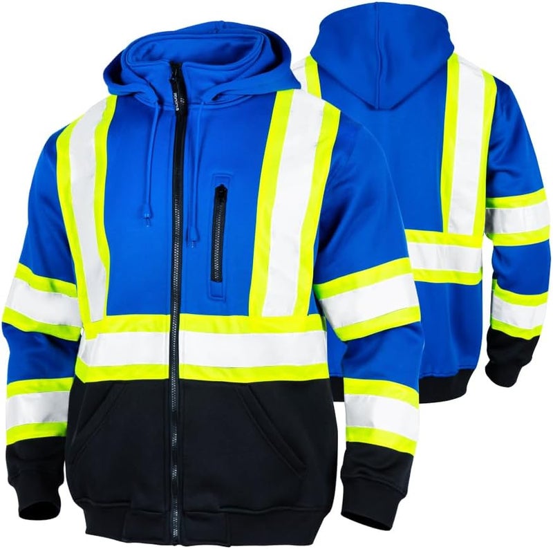 FONIRRA Hi Vis Safety Fleece Zip Hoodie for Men Reflective Sweatshirts ANSI Class 3 Jackets Detachable Hood (Blue,4XL) - Image 1